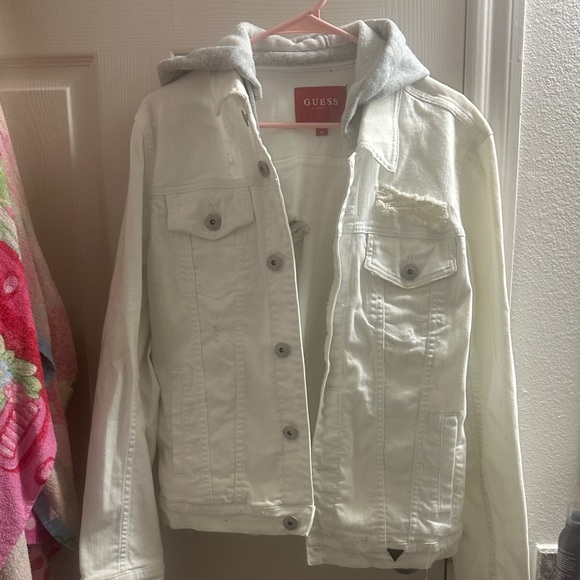 Guess Kids Cream Denim Jacket with Gray Hood - Picture 1 of 8